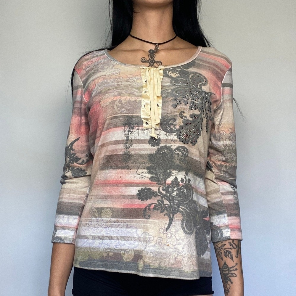 Vtg Y2K Corset Lace Up Top Striped Rhinestone Lace Print Fairy Grunge Blouse M